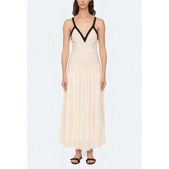 NWOT SEA New York Off-White Midi Silk-Blend Ruched Tatum Dress - Picture 3 of 8